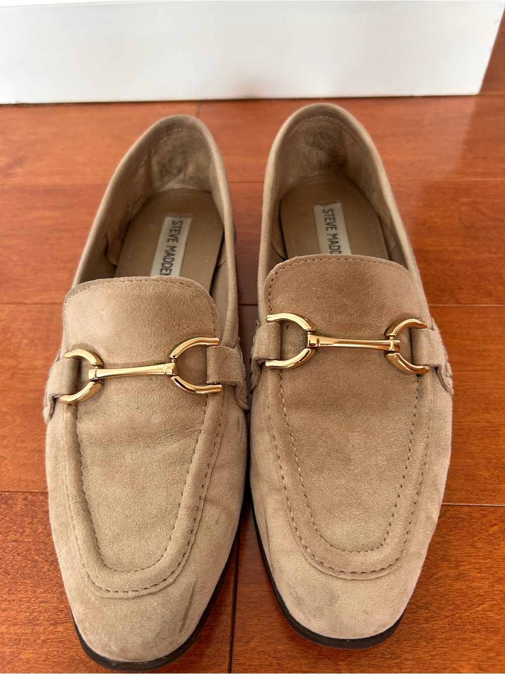 Steve Madden Taupe Suede Loafers with Gold Bit